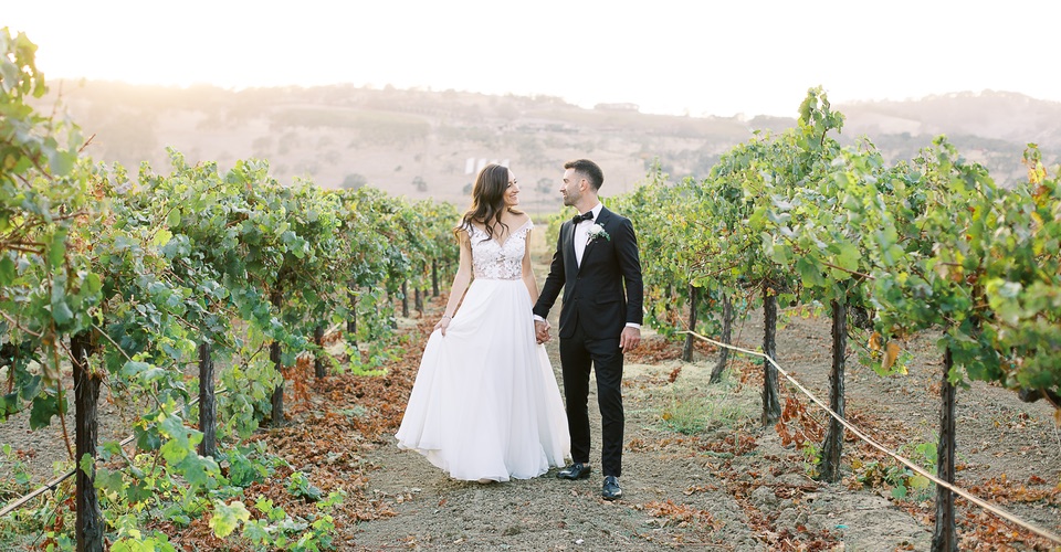Bride and groom walking in a local vineyard